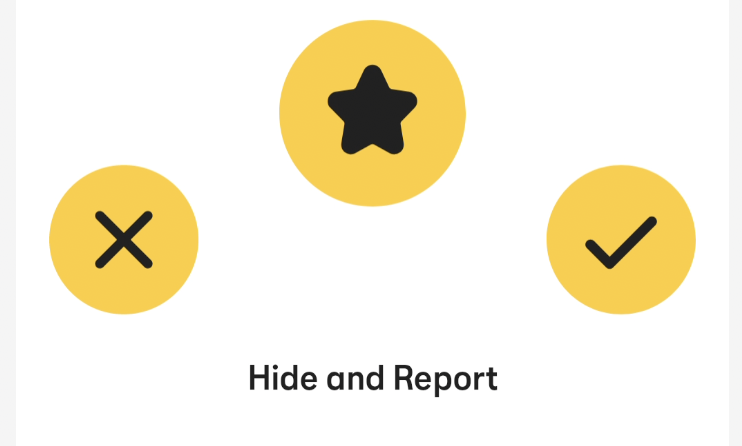 A screenshot of Bumble's "Superswipe," "x" and "✔" buttons in the profile.